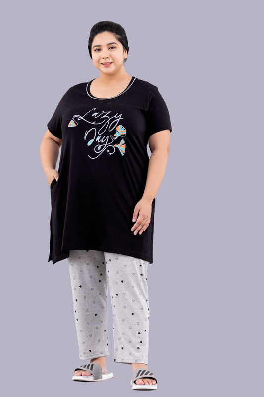 Cotton Nightsuit For Women - Long Top & Pyjama Set - Black & Grey