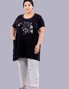 Cotton Nightsuit For Women - Long Top & Pyjama Set - Black & Grey