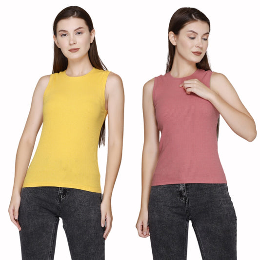 Stylish Modish Rib Plain Cotton Tank Top for Women (Pack of 2) Online In India