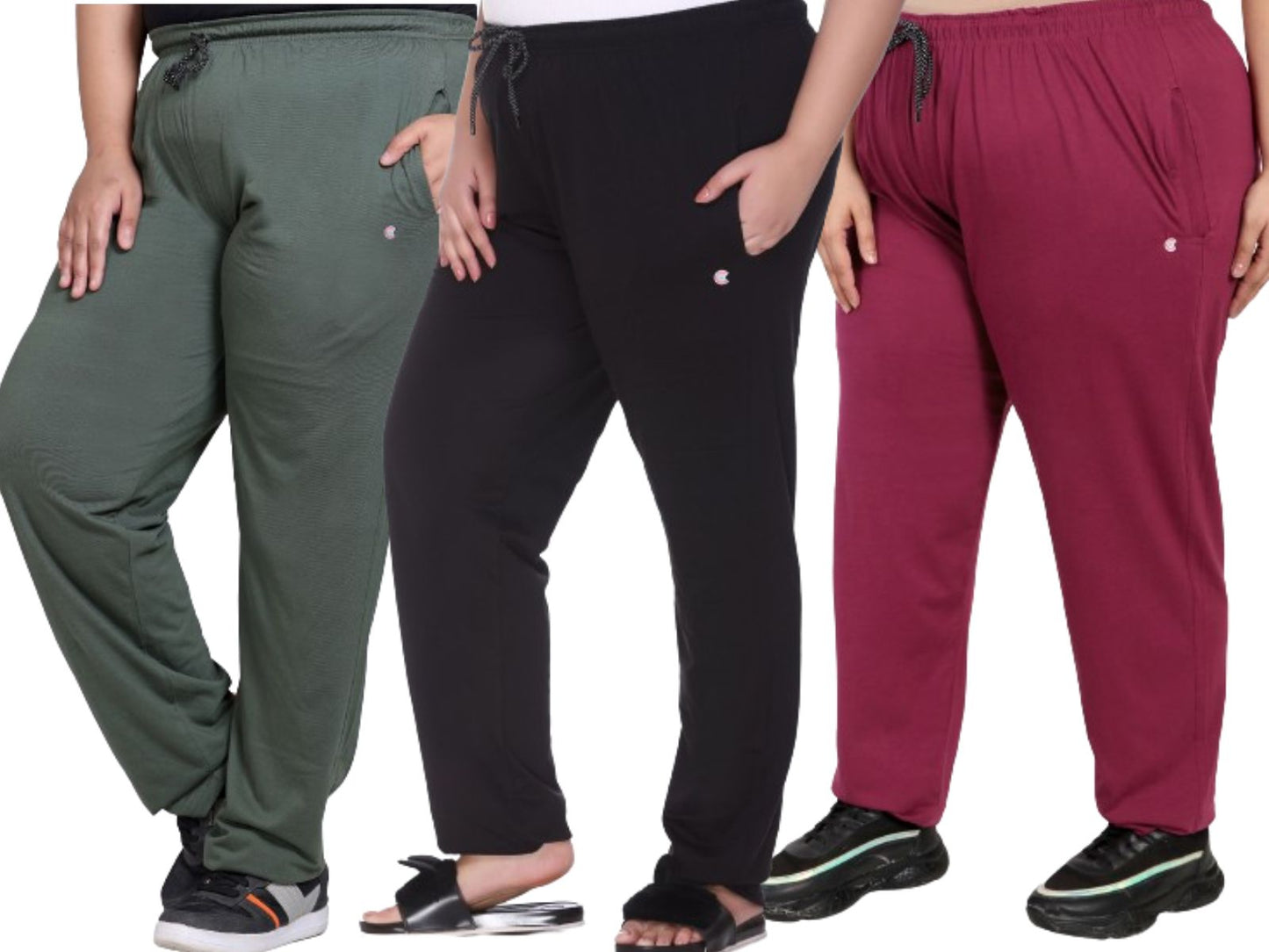 Cotton Track Pants For Women Pack of 3 (Black, Purple & Olive Green)