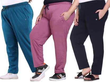 Cotton Track Pants For Women Pack of 3 (Mauve, Teal & Navy Blue)