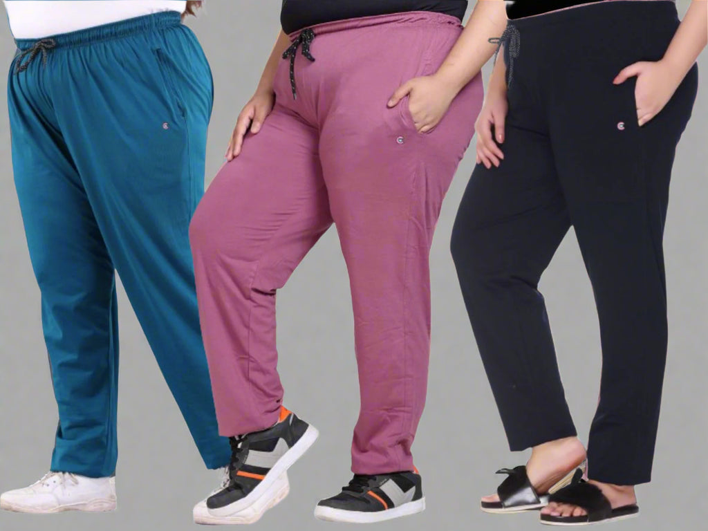Cotton Track Pants For Women Pack of 3 (Mauve, Teal & Navy Blue)