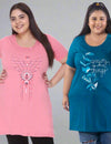 Plus Size Long T-shirts For Women - Half Sleeve - Pack of 2 (Teal Blue & Blush Pink)