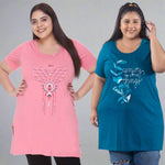 Plus Size Long T-shirts For Women - Half Sleeve - Pack of 2 (Teal Blue & Blush Pink)