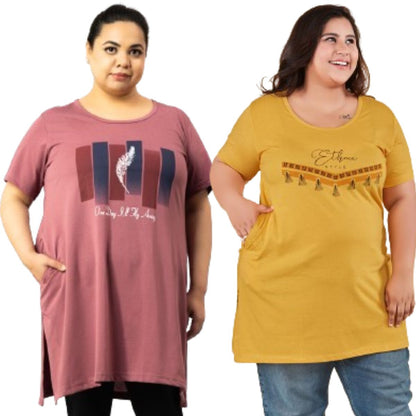 Plus Size Long T-shirts For Women - Half Sleeve - Pack of 2 (Yellow & Mauve)