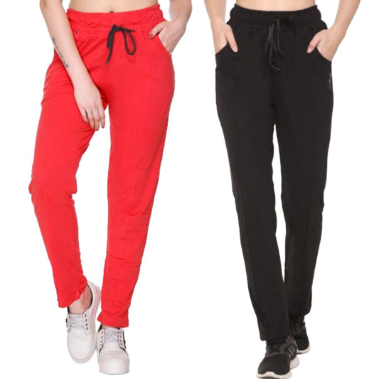 Cotton Track Pants For Women Pack of 2  (Black/Red)