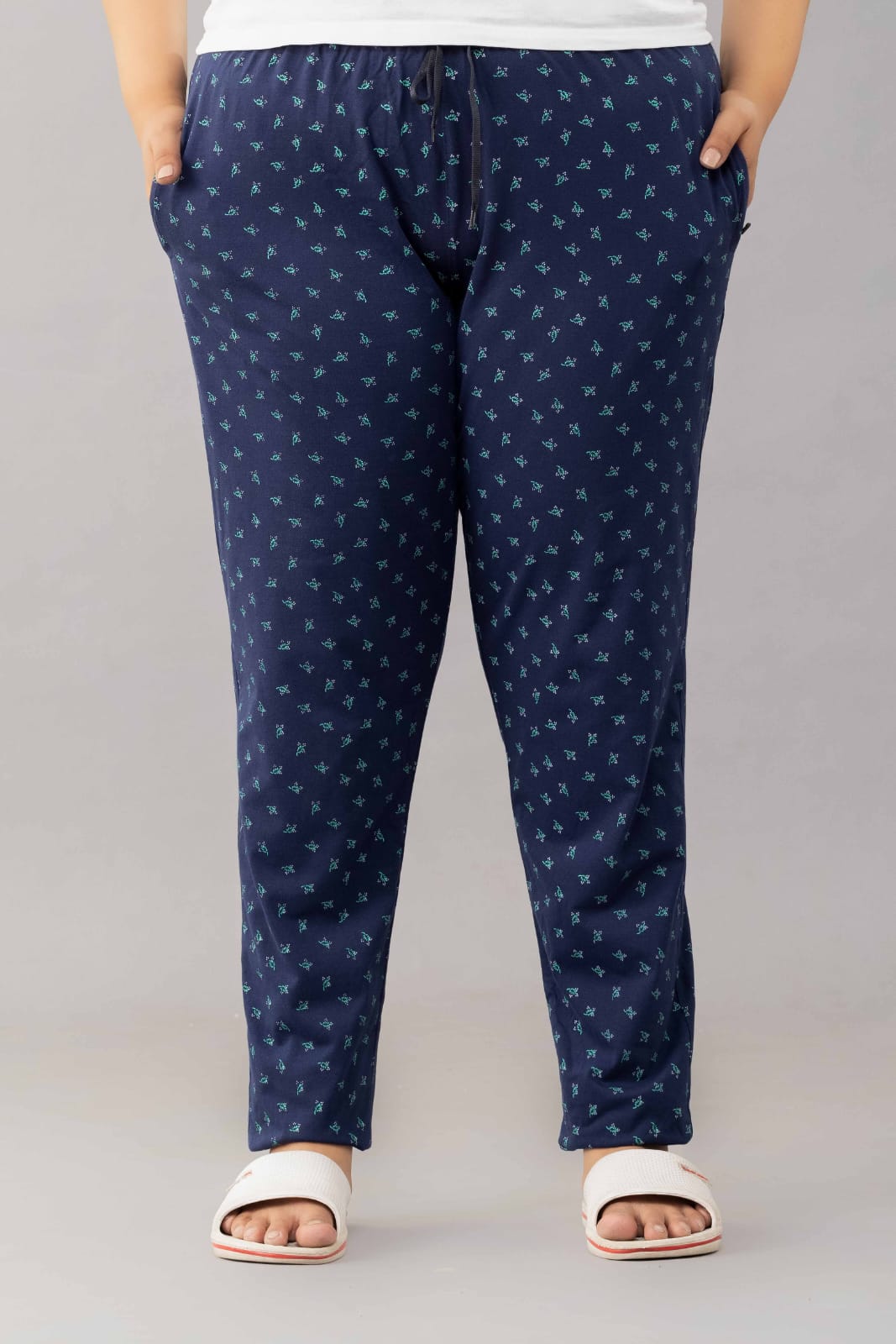 All Day Night Printed Cotton Pants For Women - Navy Blue