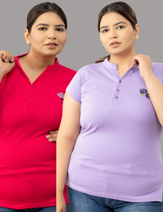 Women Mandarin Collar Cotton Long Top Combo Of 2- Pink/Violet
