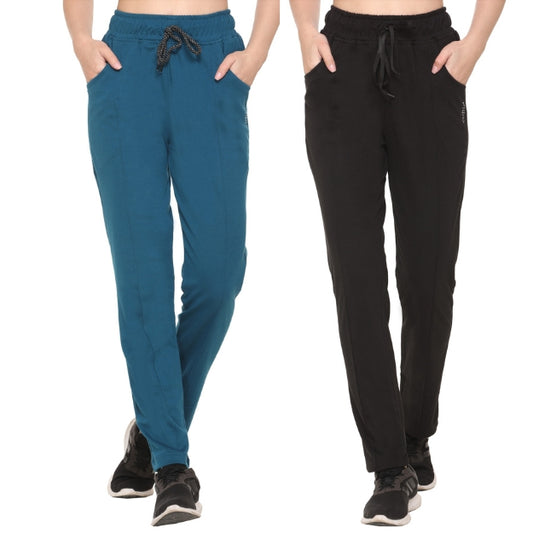 Cotton Track Pants For Women Pack of 2  (Black/Teal)