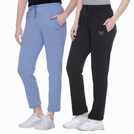 Cotton Track Pants For Women Pack of 2 (Sky & Black)