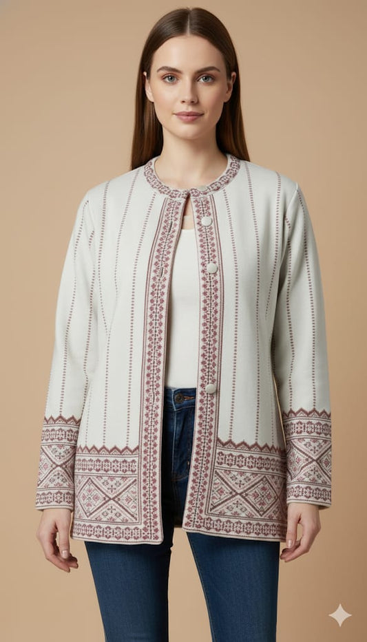 Jacquard Knit Warm Woollen Cardigan - White