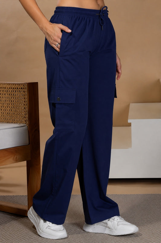 Women Smart Straight Fit Easy Wash Cargo Pants- Blue