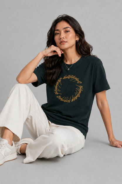 Woman Waffle knit Embroidered Cotton Relaxed  Fit T-Shirt: Bottle Green