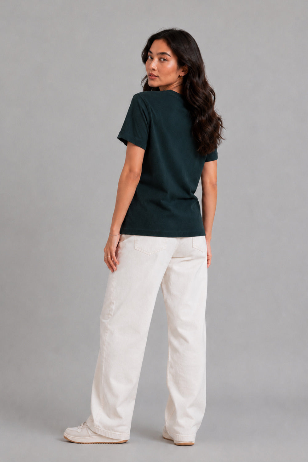 Woman Waffle knit Embroidered Cotton Relaxed  Fit T-Shirt: Bottle Green