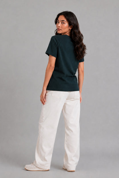 Woman Waffle knit Embroidered Cotton Relaxed  Fit T-Shirt: Bottle Green