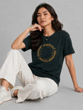 Woman Waffle knit Embroidered Cotton Relaxed  Fit T-Shirt: Bottle Green