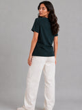 Woman Waffle knit Embroidered Cotton Relaxed  Fit T-Shirt: Bottle Green