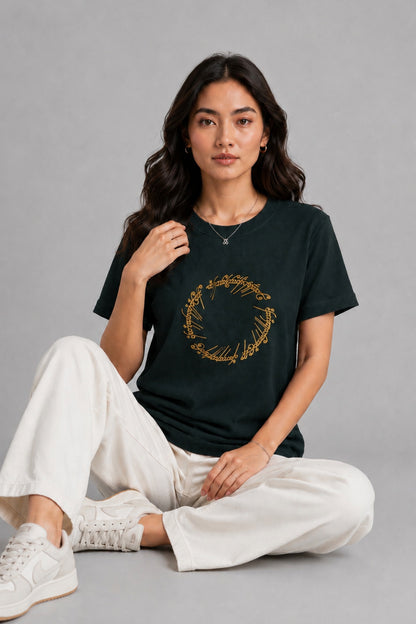 Woman Waffle knit Embroidered Cotton Relaxed  Fit T-Shirt: Bottle Green