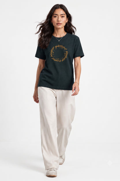 Woman Waffle knit Embroidered Cotton Relaxed  Fit T-Shirt: Bottle Green