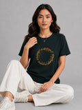 Woman Waffle knit Embroidered Cotton Relaxed  Fit T-Shirt: Bottle Green