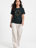 Woman Waffle knit Embroidered Cotton Relaxed  Fit T-Shirt: Bottle Green