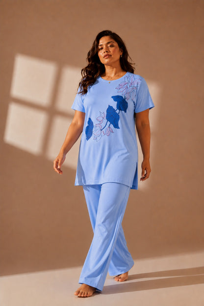 Woman Cotton Floral Printed Tshirt & Pajama Set-Lounge Wear