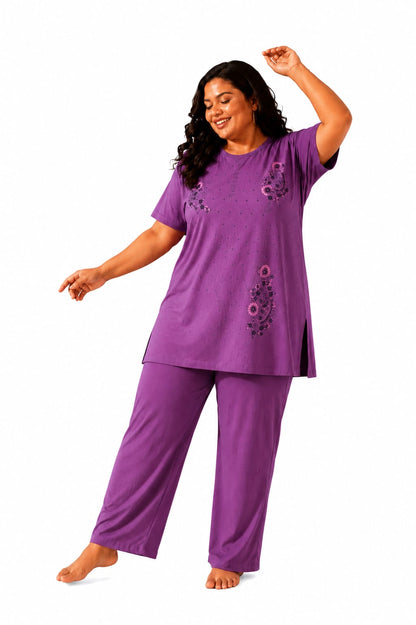 Woman Cotton Floral Printed Tshirt & Pajama Set-Lounge Wear