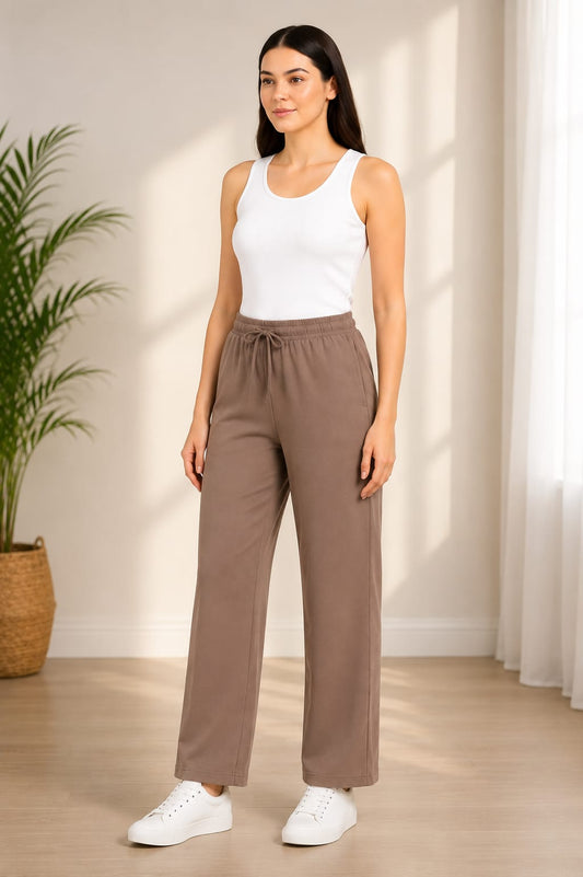 High Rise Cotton Straight Taupe Brown Trackpants