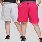 Plus Size Cotton Shorts For Women - Plain Bermuda Combo (Grey & Pink)