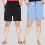 Plus Size Cotton Shorts For Women - Plain Bermuda Combo (Black/Sky)