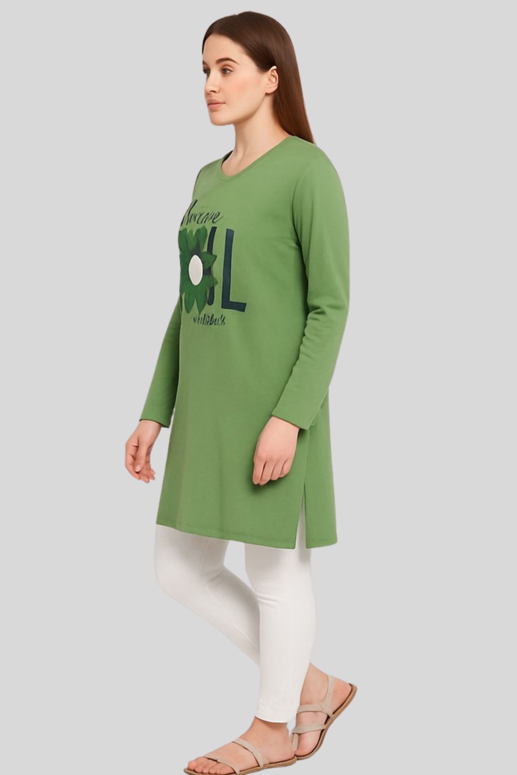 Cotton Long Top for Women - Full Sleeve - Green