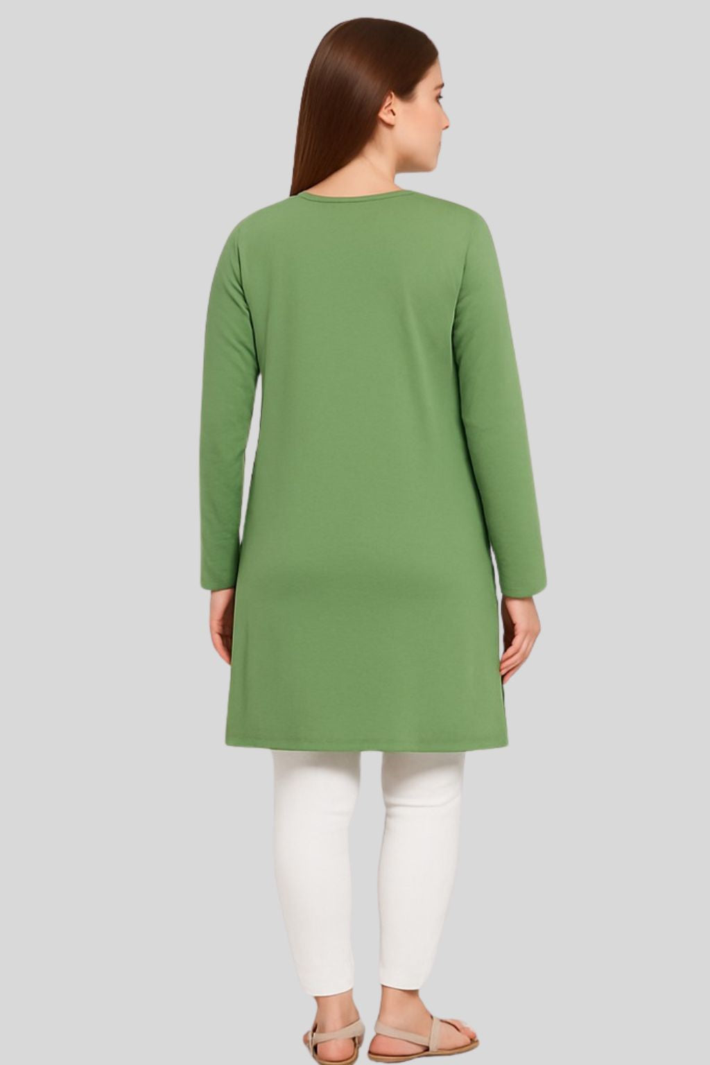 Cotton Long Top for Women - Full Sleeve - Green
