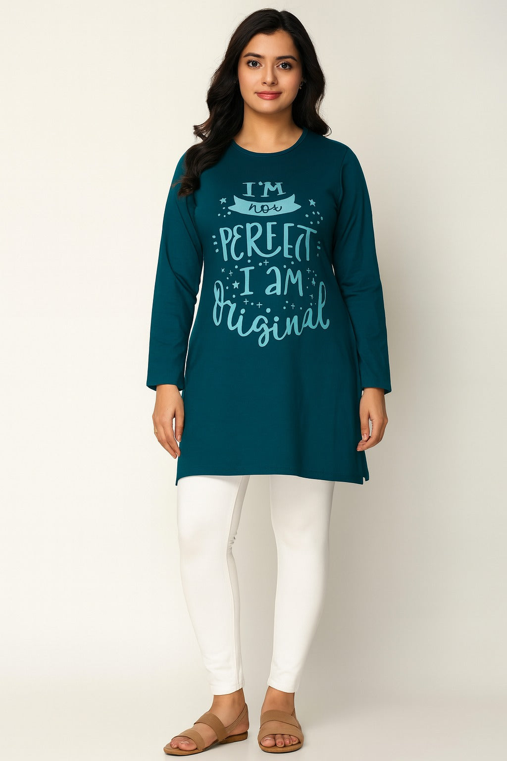 Cotton Long Top for Women Plus Size - Full Sleeve - Teal