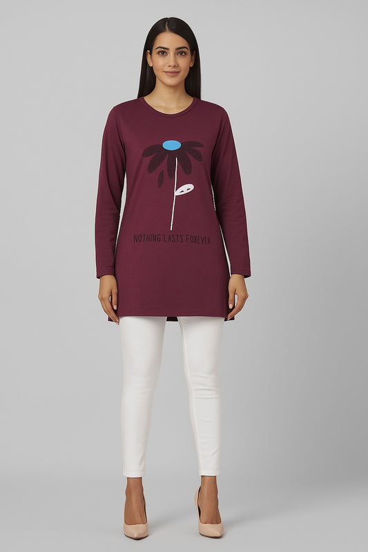 Cotton Long Top for Women - Full Sleeve - Mauve