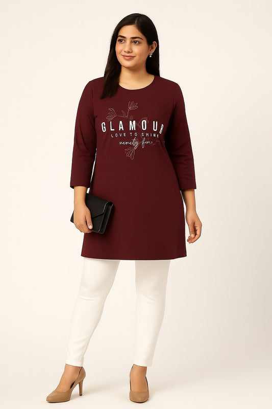 Cotton Long Top for Women - Full Sleeve - Wine