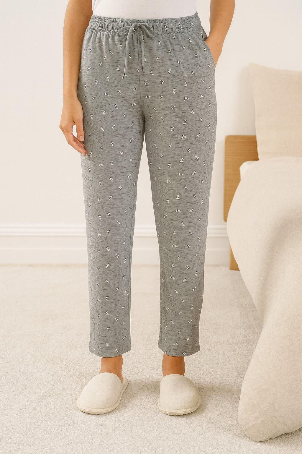 Cotton Printed All Day Night Pants For Women - Grey