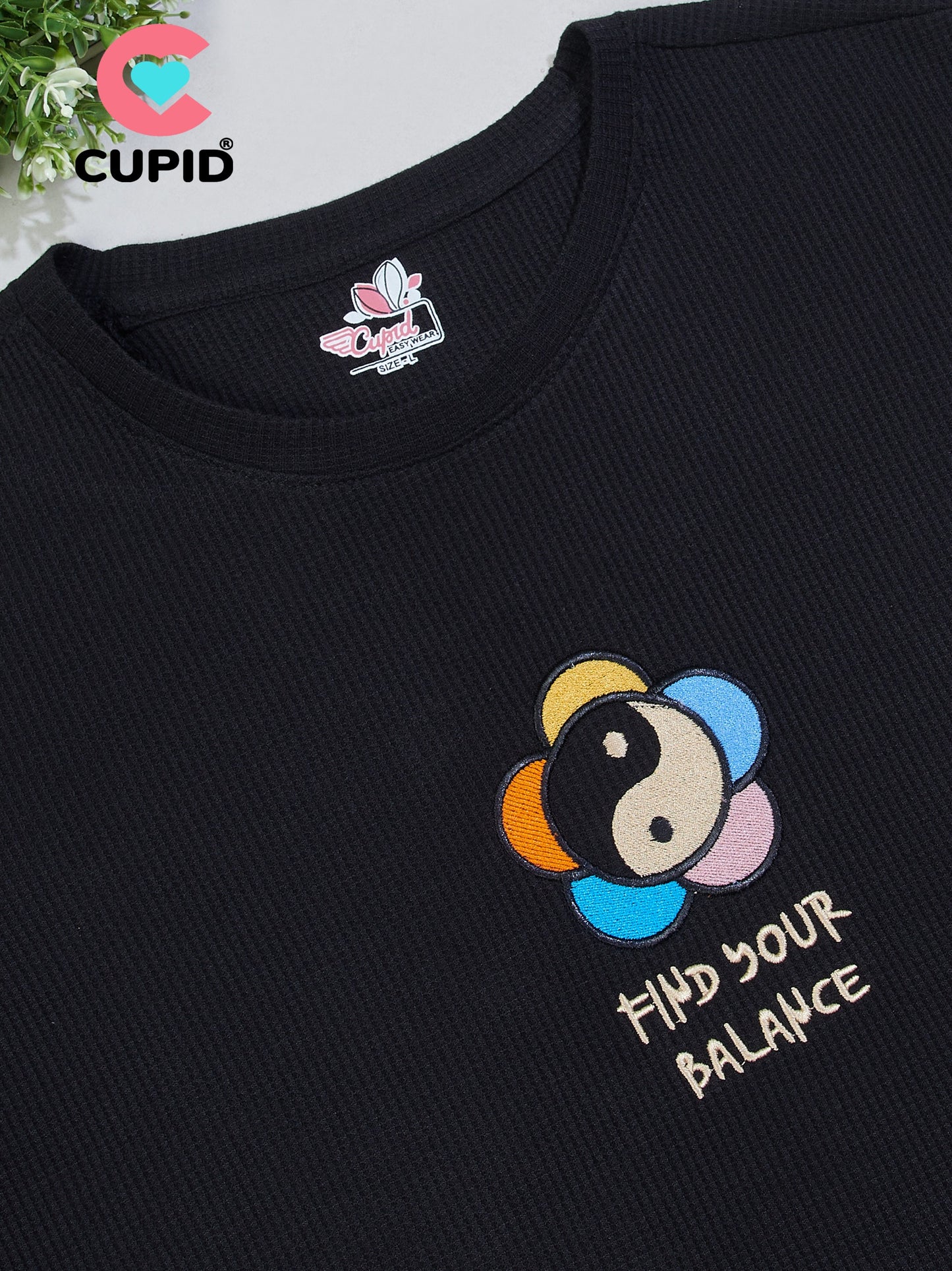 Women Find Your Balance Textured Cotton Relaxed  Fit T-Shirt: Black