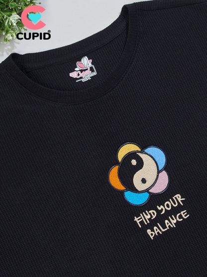 Women Find Your Balance Textured Cotton Relaxed  Fit T-Shirt: Black