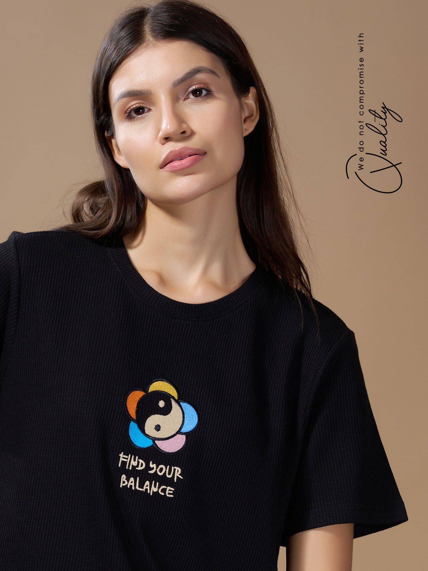 Women Find Your Balance Textured Cotton Relaxed  Fit T-Shirt: Black