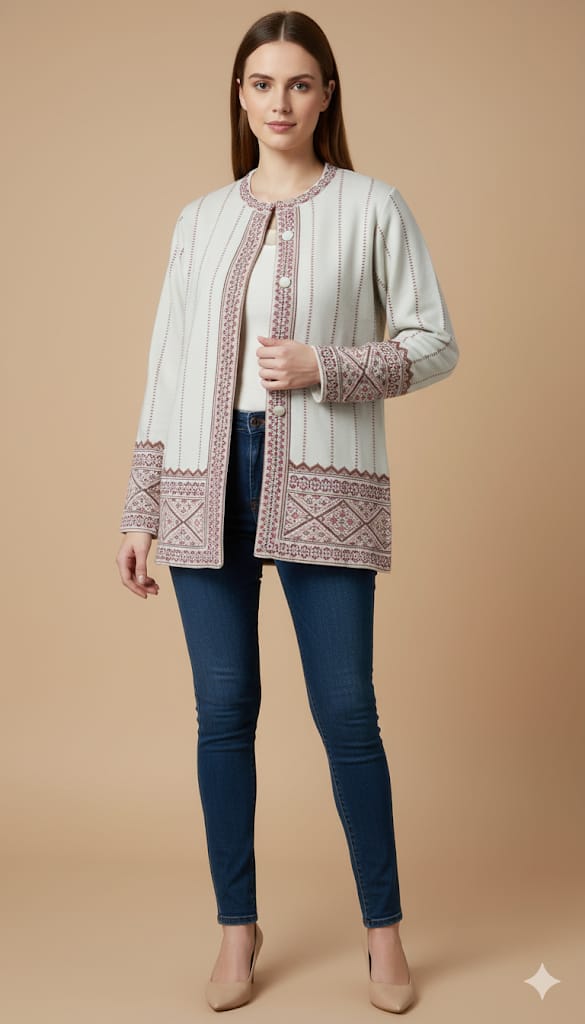 Jacquard Knit Warm Woollen Cardigan - White