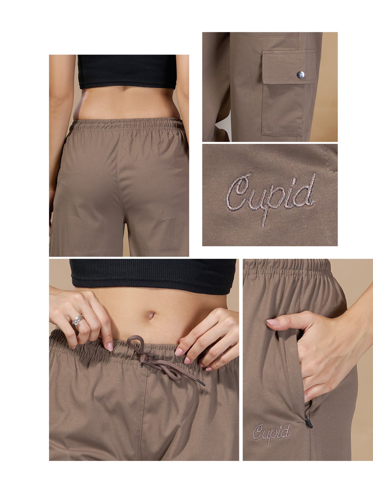 Women Smart Straight Fit Easy Wash Cotton Cargo Pants-Mocha