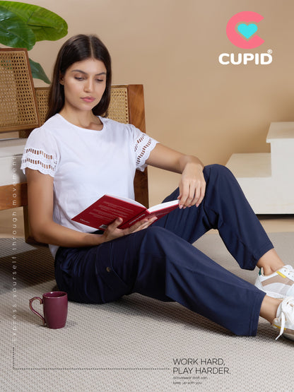 Women Smart Straight  Fit Easy Wash Cargo Pants- Navy