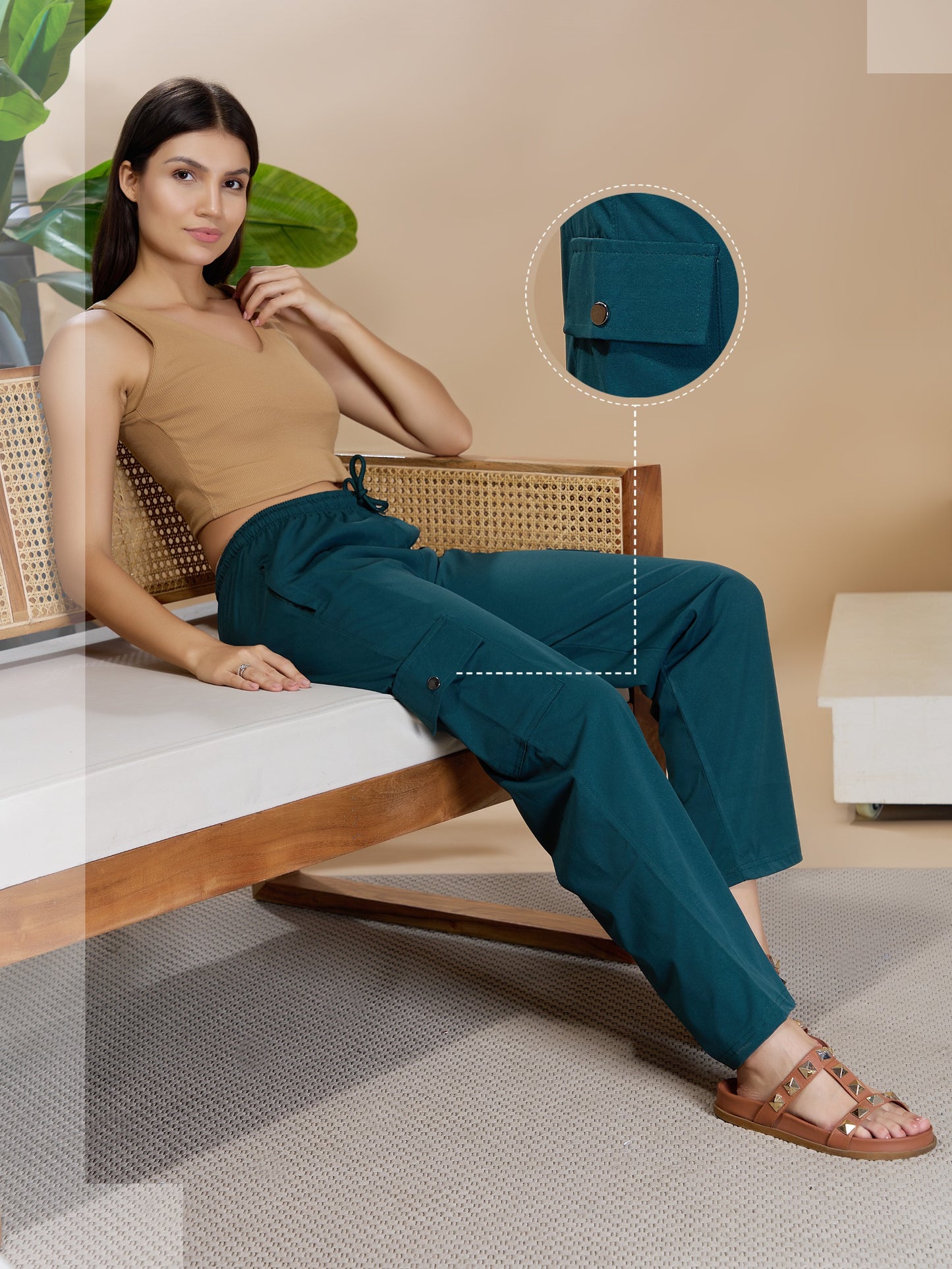 Women Smart Straight Fit Easy Wash Cargo Pants- Teal