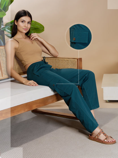 Women Smart Straight Fit Easy Wash Cargo Pants- Teal
