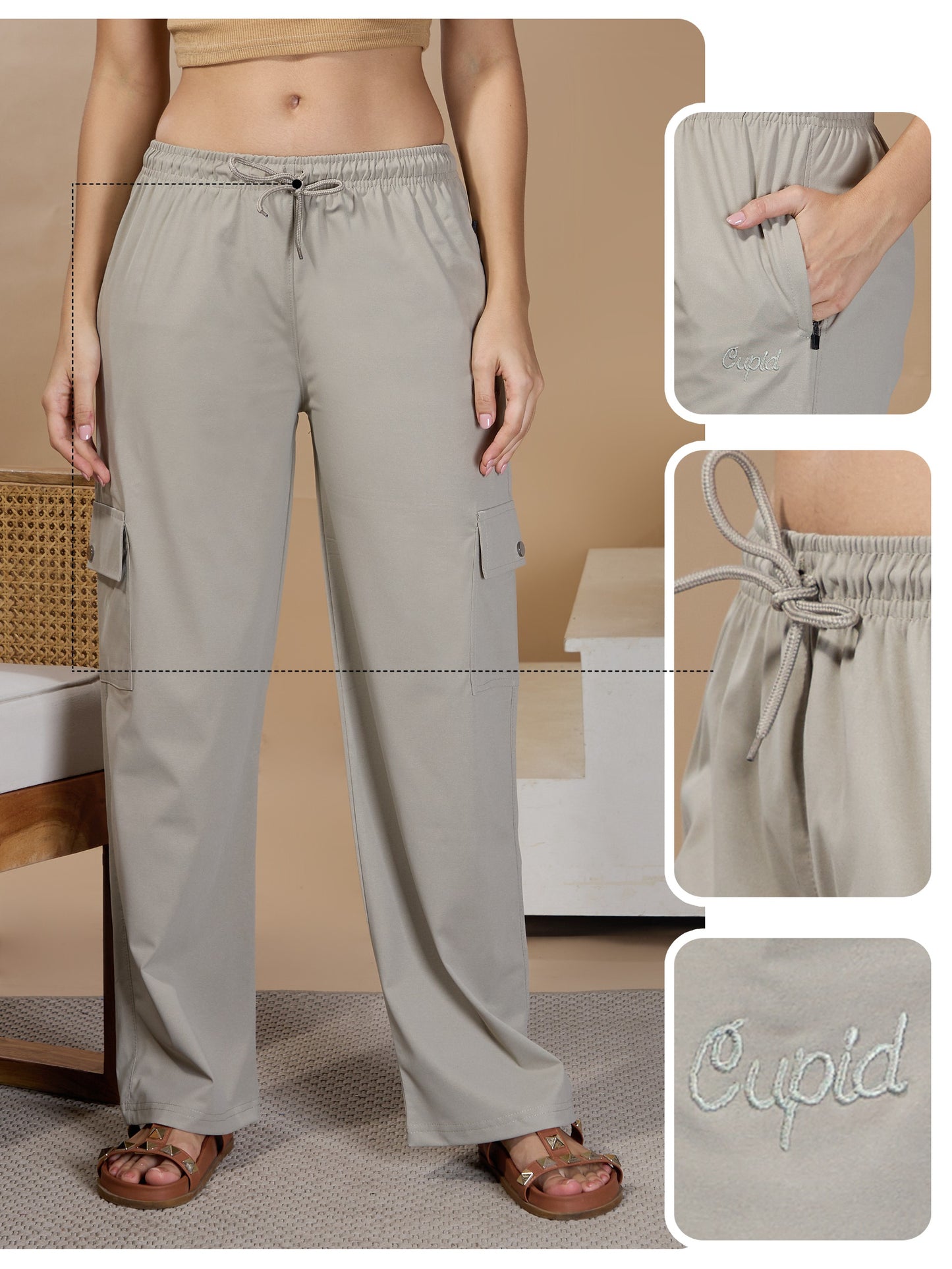 Women Smart Straight Fit Easy Wash Cargo Pants- Grey