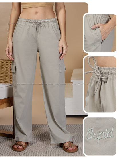 Women Smart Straight Fit Easy Wash Cargo Pants- Grey