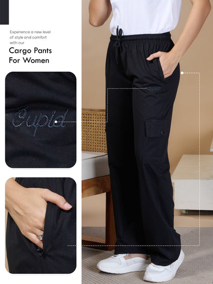 Women Smart Straight Fit Easy Wash Cotton Cargo Pants-Black