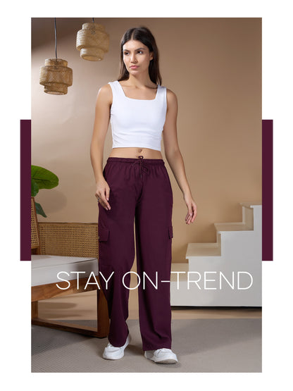 Women Smart Straight Fit Easy Wash Cargo Pants- Wine