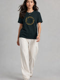 Woman Waffle knit Embroidered Cotton Relaxed  Fit T-Shirt: Bottle Green