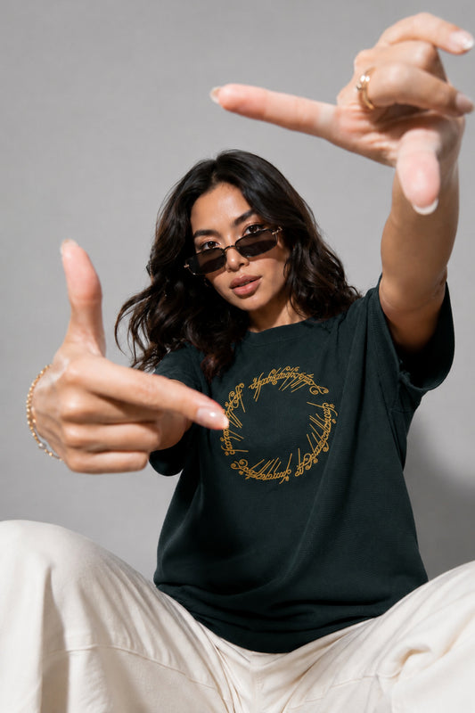 Woman One Ring Script Embroidered Cotton Relaxed  Fit T-Shirt: Bottle Green